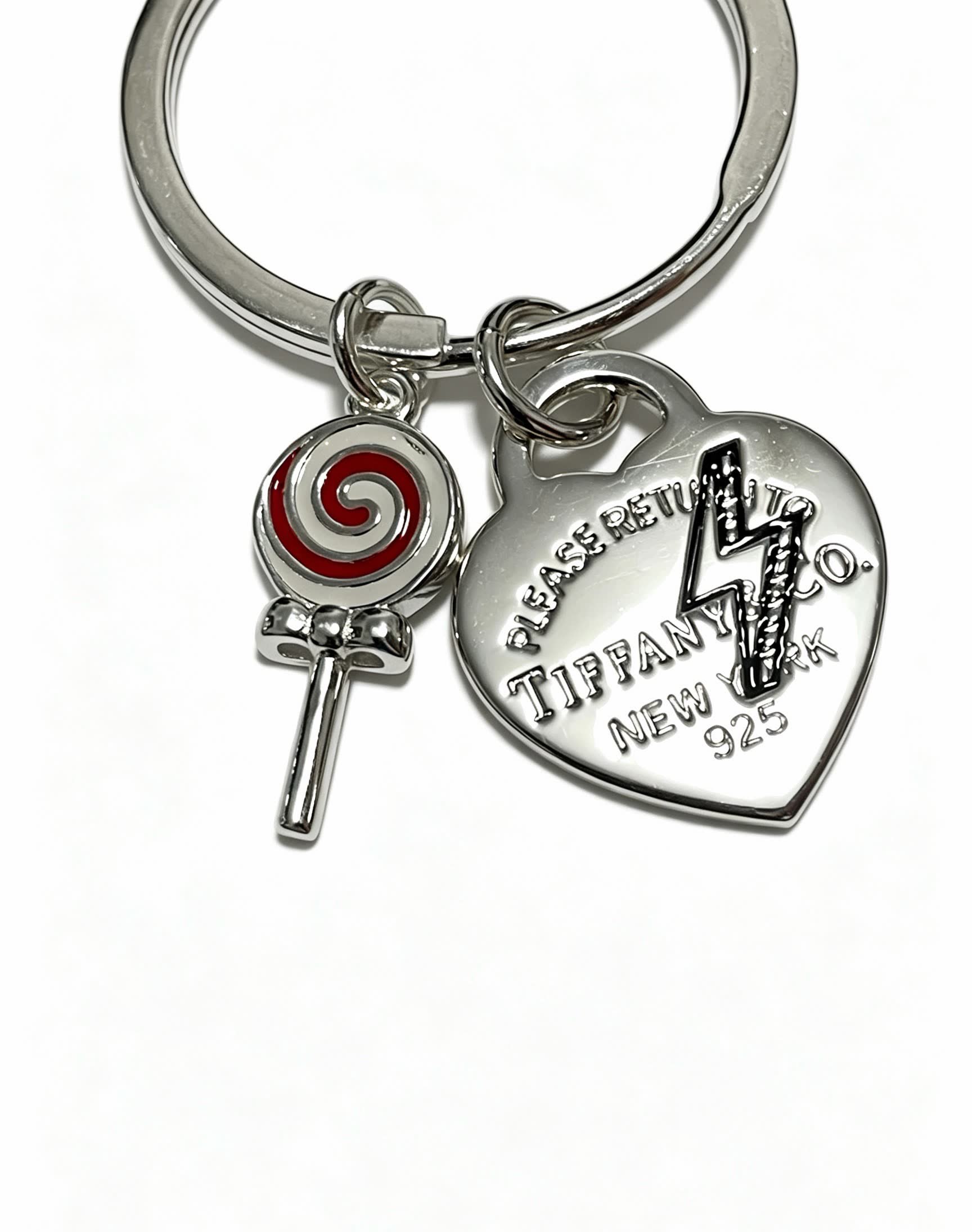 Tiffany & Co Silver Keychain with Lollipop and Heart Charms